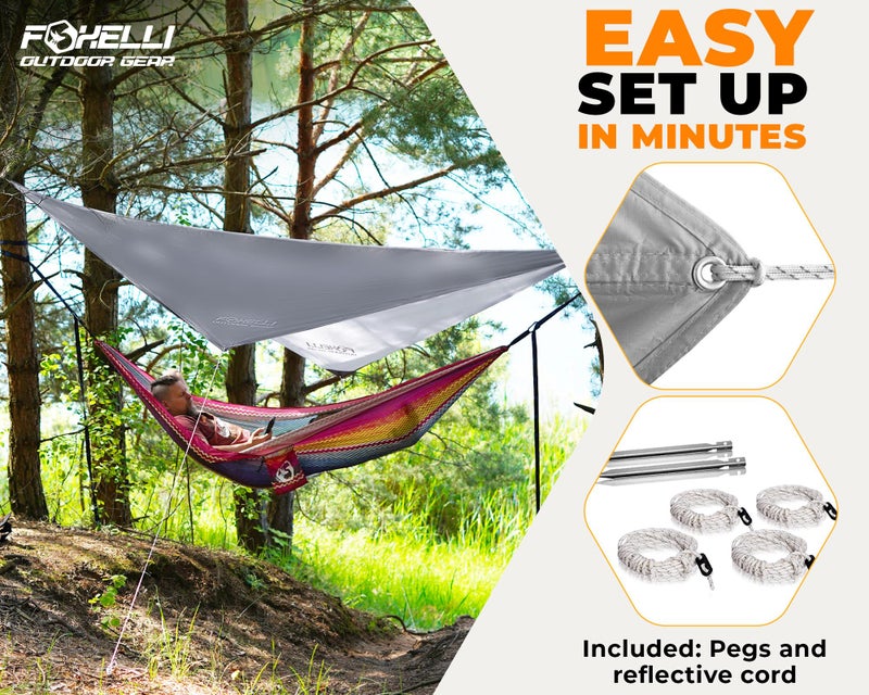 Foxelli Hammock Rain Fly - Waterproof Lightweight Tent & Hammock Rain Tarp for Camping, Backpacking w/Easy Setup Including Extra Long Guy Lines & Stakes - Image 3